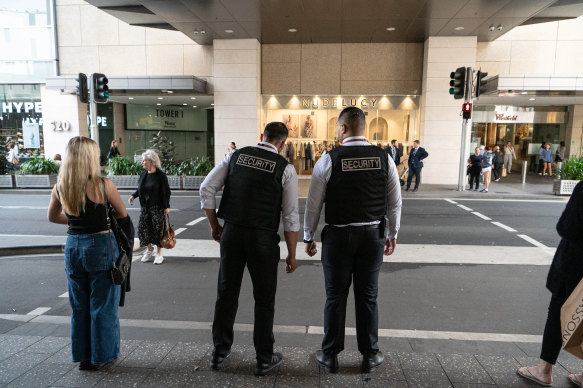 Security guards at Westfield Bondi Junction wore protective vests in a new security initiative after Saturday’s attack.