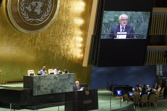 Palestinian ambassador to the UN Riyad Mansour addresses the UN General Assembly.