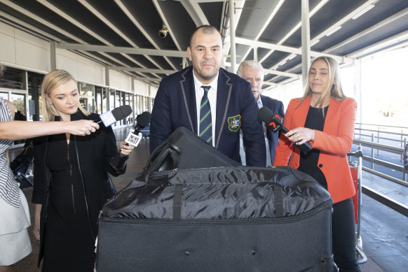 Cheika arrives at Sydney airport after Australia’s quarter-final exit at the 2019 World Cup. 