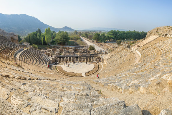A hot climb to the back row – the amphitheatre at Ephesus.