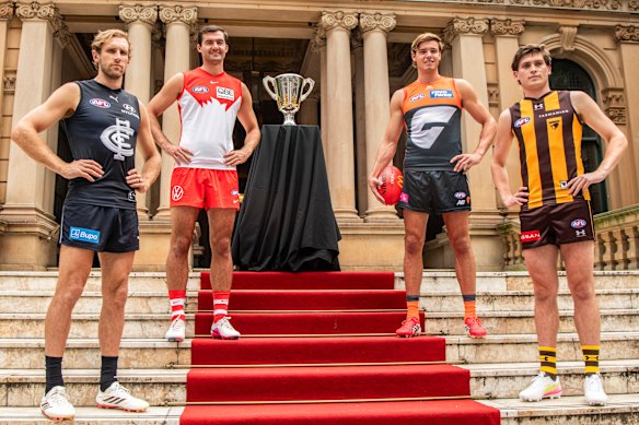 Nick Haynes (Carlton), Logan McDonald (Sydney), Aaron Cadman (GWS) and Will Day (Hawthorn) at Sydney Town Hall for the AFL’s Opening Round launch on Monday.