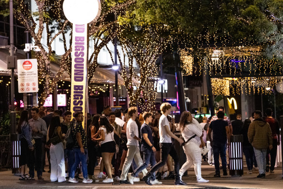 Not a high heel in sight in Brunswick Street on a Saturday night.