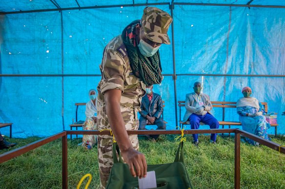 A September 9 photo of a member of the Tigray Special Forces casting his vote in a local election in the regional capital Mekelle.