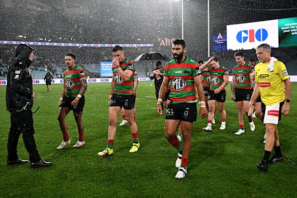 South Sydney players leave the field on Sunday.