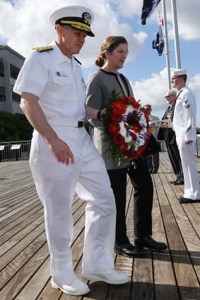 Vice-Admiral Sawyer and Ms Fowler lay a wreath during the ceremony on Wednesday.