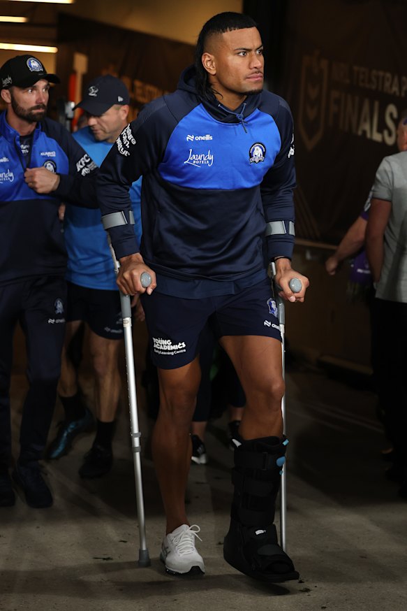 Bulldogs captain Stephen Crichton on cruches on Friday night.