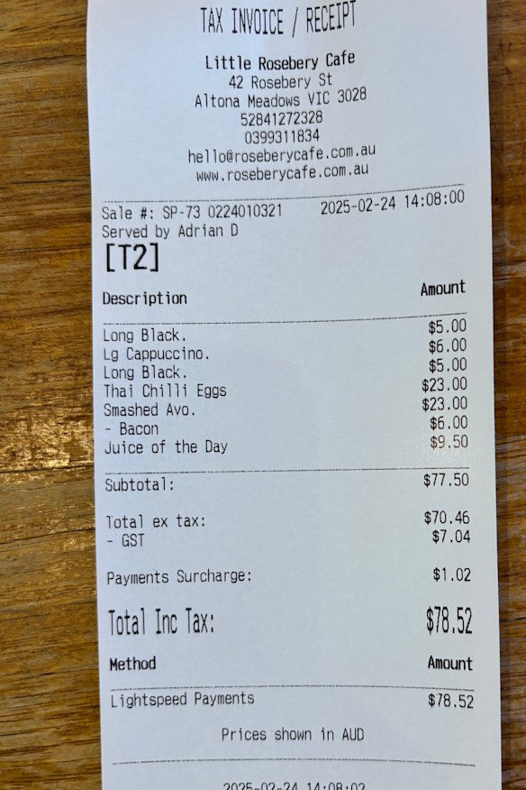 The receipt for our lunch at Little Rosebery cafe.