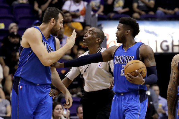 Bogut arguing with the ref during his time with Dallas in the NBA.