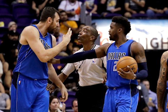 Bogut arguing with the ref during his time with Dallas in the NBA.