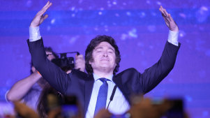 Javier Milei at his campaign headquarters after getting the most votes in the primaries for the Argentinian presidential election.