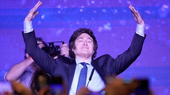 Javier Milei at his campaign headquarters after getting the most votes in the primaries for the Argentinian presidential election.