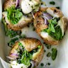 Jill Dupleix's baked potatoes with peas and rough pesto.