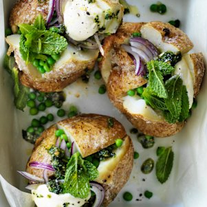 Jill Dupleix's baked potatoes with peas and rough pesto.