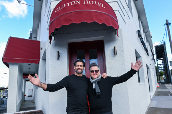 Jon Adgemis (left) with Guy Grossi outside the Clifton Hotel in Kew in July 2023.
