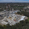 An aerial view of construction for the North East Link at the land once owned by the Greek Orthodox Community.