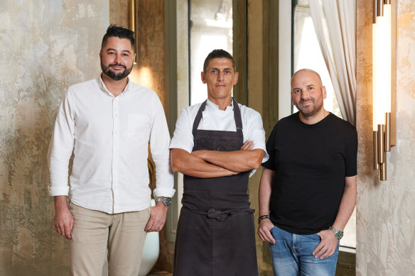 From left: General manager Joey Commerford and head chef Alessandro Mandelli with creative partner George Calombaris.