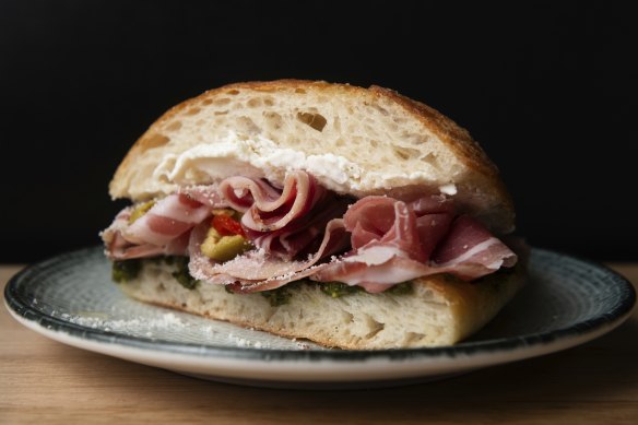 Delisia’s Lorenzo sandwich is filled with creamy whipped ricotta and salty pancetta.