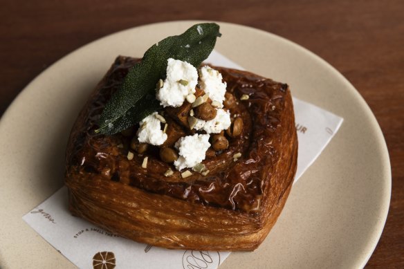 Go-to dish: Spiced sweet potato danish with Bulgarian feta, crispy chickpeas, pepitas and sage. 