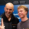 Nathan Lyon with a young cricket fan in Orange.