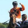 Ryan Maloney returns to scale after winning the Surround Stakes on Sunshine In Paris.