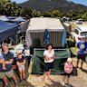 Wilsons Prom loyal campers Matt Vigus with baby Augustus, Beatrix Vigus, Molly Hodgson, Violet Vigus and Cullen Smith. 