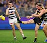 PERTH, AUSTRALIA - JUNE 01: Harley Reid of the Eagles kicks on goal during the round 12 AFL match between West Coast Eagles and Geelong Cats at Optus Stadium, on June 01, 2025, in Perth, Australia. (Photo by Paul Kane/Getty Images)
