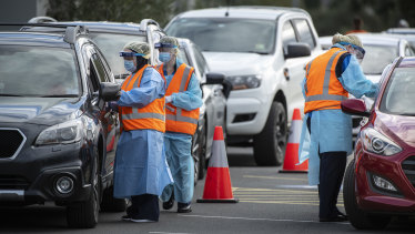 A drive through Coronavirus testing clinic at the Crossroads Hotel in Casula on Wednesday.