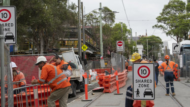 A section of the light rail construction works on Devonshire Street in Surry Hills. 
