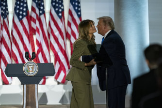 President Donald Trump joins first lady Melania Trump on stage after her speech to the 2020 Republican National Convention from the Rose Garden of the White House.