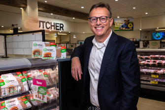 v2food CEO Nick Hazell. The company's mince and burger patties have been sold in Coles and Woolworths for several months.