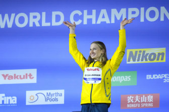 Gold medalist Mollie O’Callaghan of Australia celebrates her victory after the Women 100m Freestyle final.
