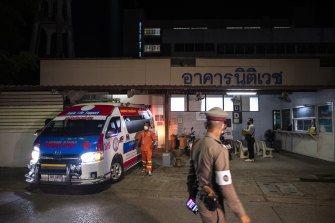 Shane Warne’s body departs Surat Thani Hospital for Bangkok on Monday.
