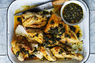 Butterflied chicken with wilted herbs, soy and honey dressing.