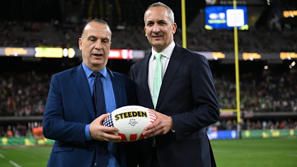 NRL bosses Peter V’landys and Andrew Abdo at Allegiant Stadium, Las Vegas.