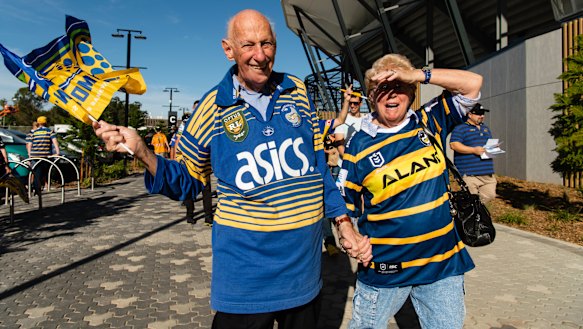 Eels fans Peter and Coral Nickl outside their new stadium.