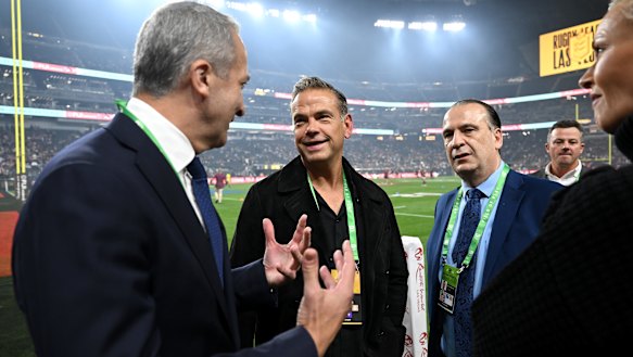 News Corp chairman Lachlan Murdoch with NRL bosses Andrew Abdo (left) and Peter V’landys in Las Vegas this year.