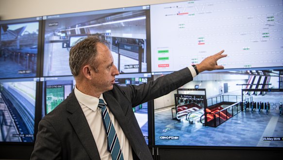 Transport Secretary Rodd Staples in the operations control centre for the metro line at Rouse Hill.