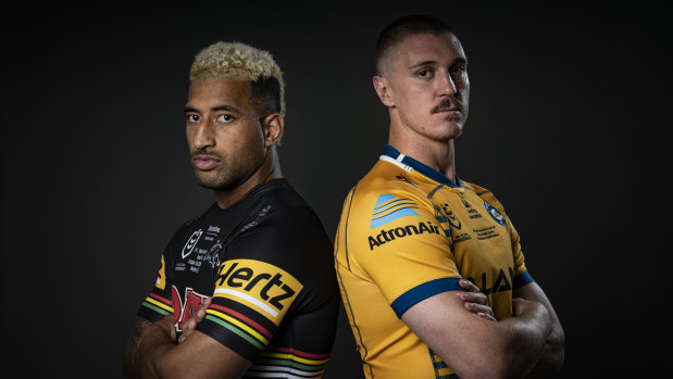 Penrith Panthers back-rower Viliame Kikau and Parramatta Eels opposite Shaun Lane.