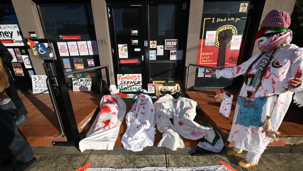 Pro-Palestine protesters at Ged Kearney’s office in Preston. 