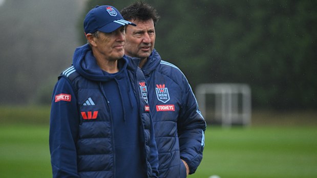 Brains trust: Craig Bellamy and Laurie Daley at NSW training on Wednesday.