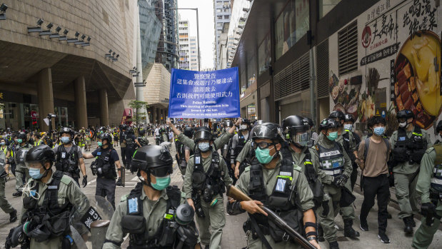 Riot police on the front line in Hong Kong.