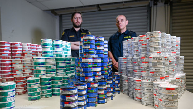 Border Force officials seized 27,000 cans of illegal nicotine pouches at Melbourne Airport in February.