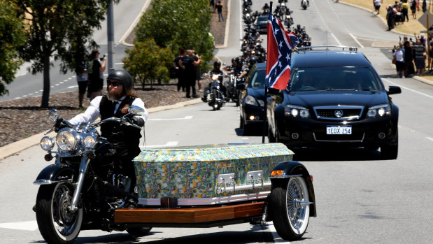 Hundreds of bikies rode from the funeral home in north Perth to Pinneroo Valley Memorial Park on Wednesday, before wakes at clubhouses around Perth.