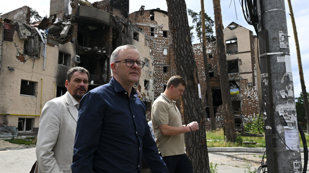 Australian Prime Minister Anthony Albanese tours damaged residential areas in Irpin on the outskirts of Kyiv, Ukraine.