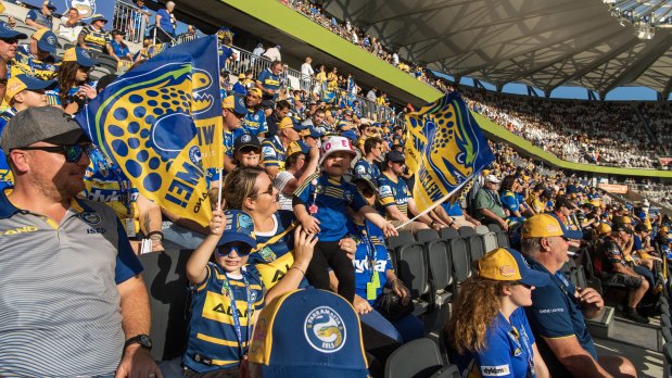 Parramatta fans rise up to the rafters in the Eels' first home game at Bankwest Stadium.