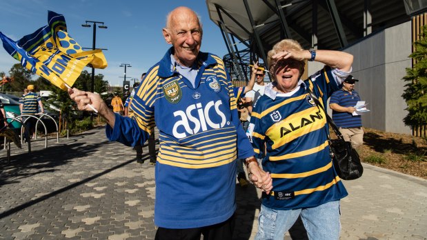 Eels fans Peter and Coral Nickl outside their new stadium.