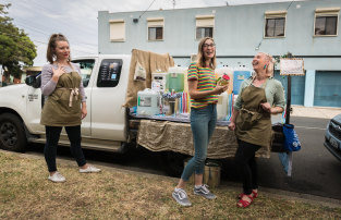 No vegan tacos: The Roving Refills ''food truck'' sells cleaning products. Left to right: Raphaelle Lagier, customer Mia Langes and Claudine Lagier. 