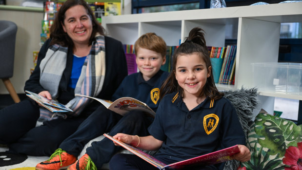 Bentleigh West Primary School Principal Sarah Asome and  grade 2 students (left to right) Oliver Cowen and Essie Barker.
