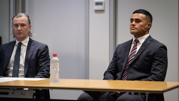 Spencer Leniu and James McLeod (left) at the NRL judiciary.