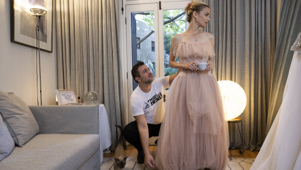 Logie nominee Bojana Novakovic  with stylist Mikey Ayoubi being fitted for the Logies in Steven Kahlil.